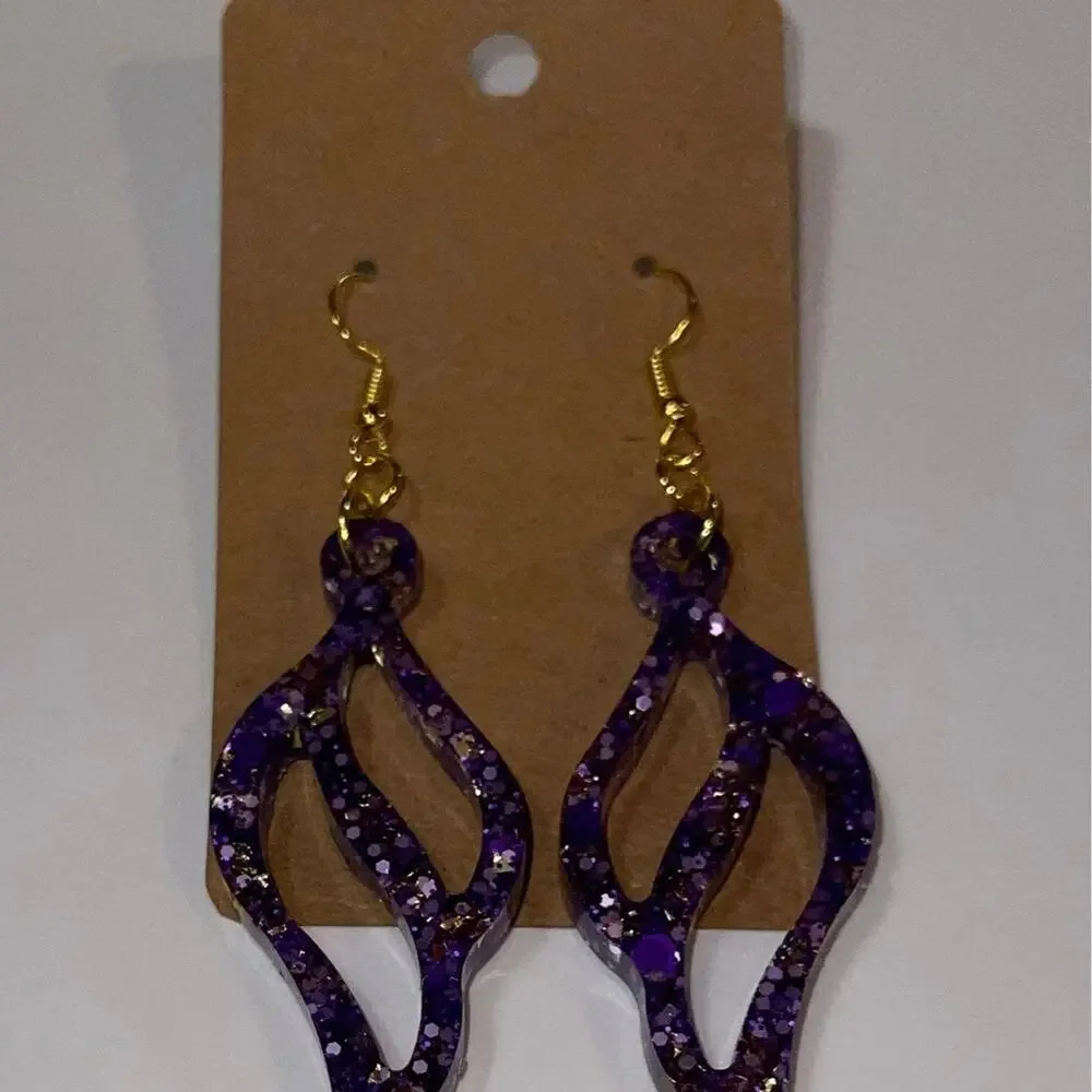 Handmade epoxy resin swirl dangle‎ earrings - super cute purple and gold glitter